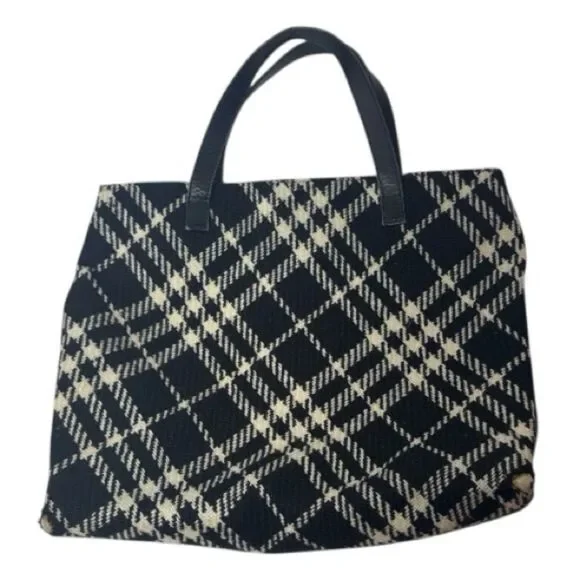 Burberry Houndstooth Black And Off White Wool/Leather Bag.